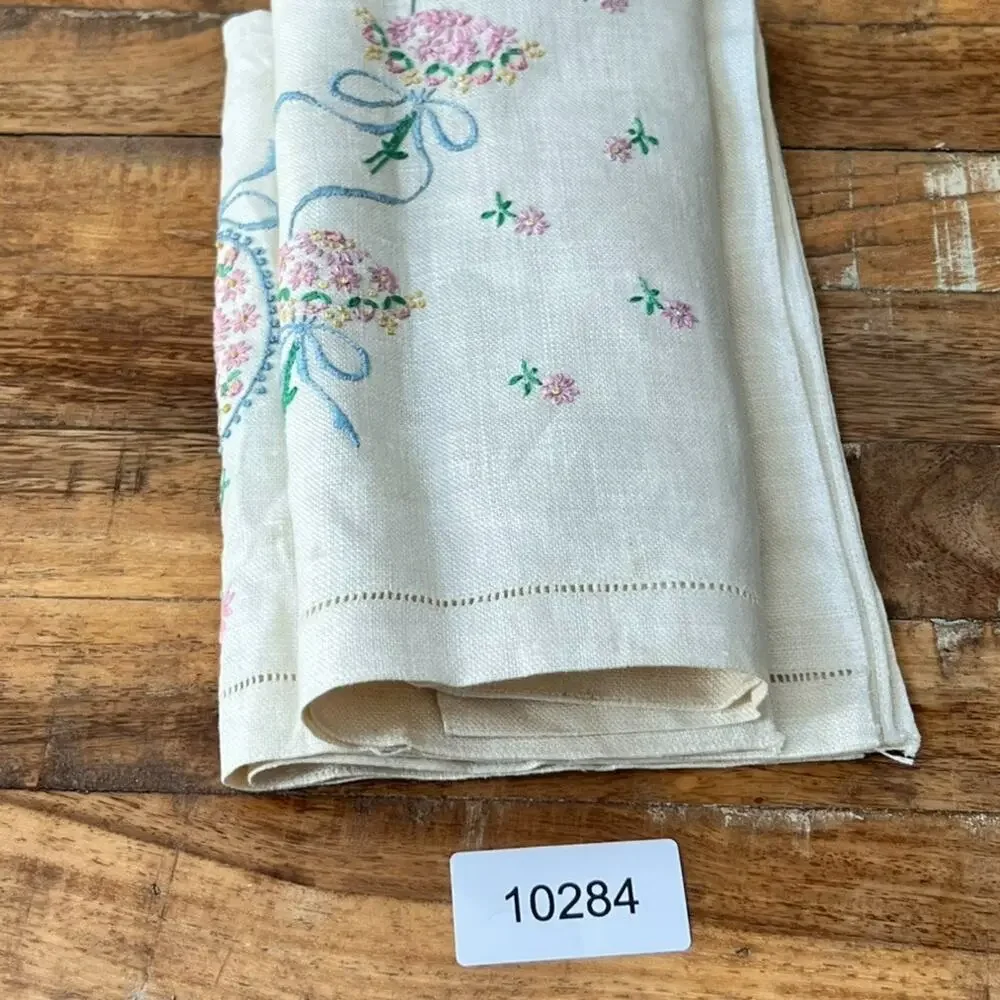 Vintage 1950s Hand-Embroidered Linen Tea Towel Guest Towels Set of 2